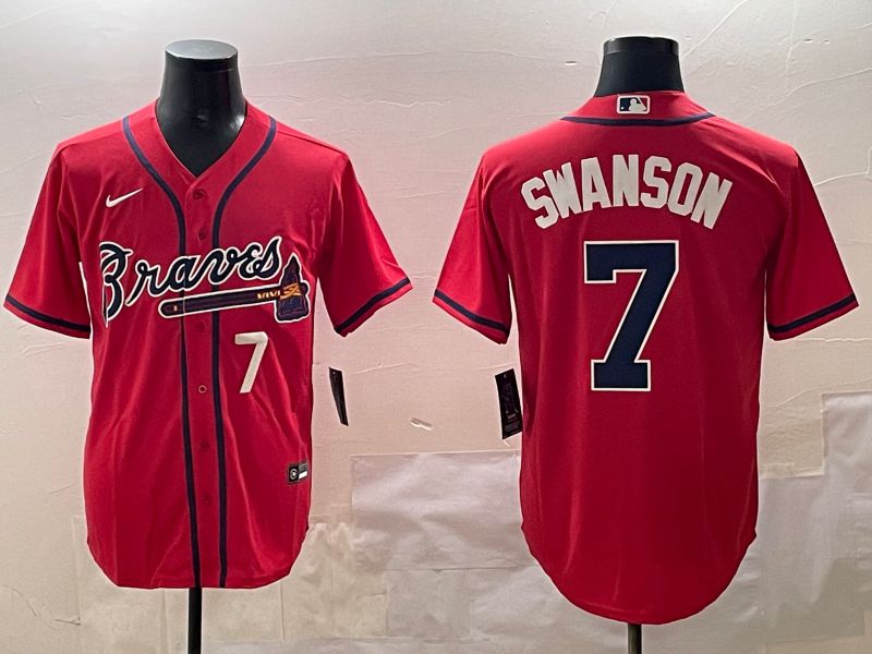 Men Atlanta Braves 7 Swanson Red Game 2025 Nike MLB Jersey style 3